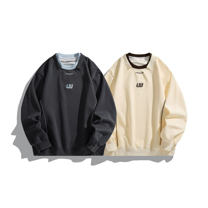 Unisex Lockeres Sweatshirt mit Kontrastkragen, sichtbaren Flatlocknähten und Logo-Stick Drune