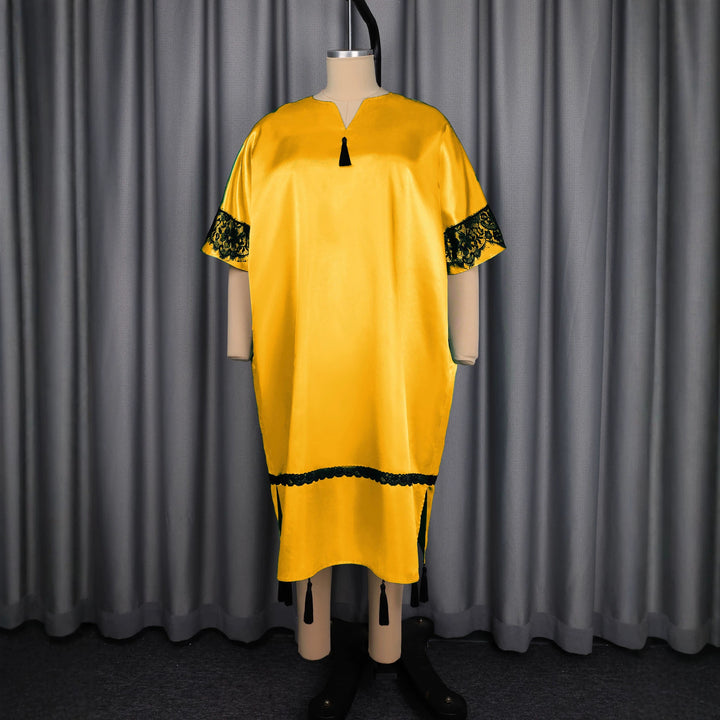 Damen elegantes Kaftankleid mit raffinierten Spitzenärmel und dekorativen Quasten Drune