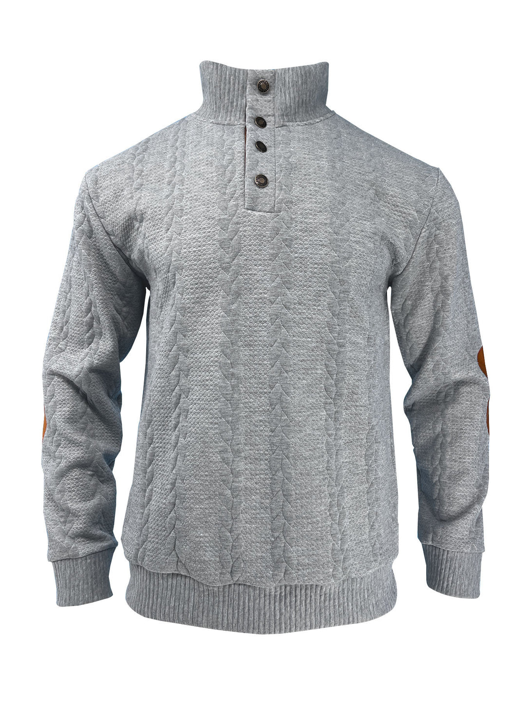 Herren nan lässiger Zopfstrickpullover mit verstärkter Knopfleiste und Wildleder-Ellenbogenpatches Drune