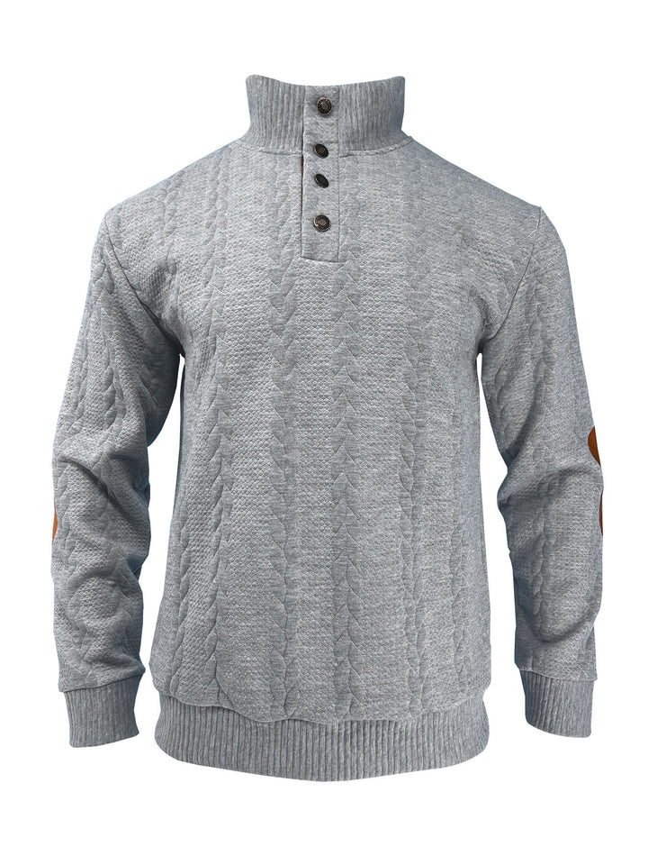 Herren nan lässiger Zopfstrickpullover mit verstärkter Knopfleiste und Wildleder-Ellenbogenpatches Drune