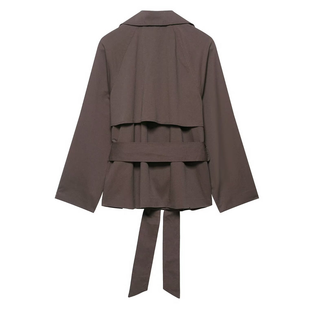 Damen 300+ kurzer Cropped‑Trenchblouson mit weiten Revers, Bindegürtel und Pattentaschen Drune