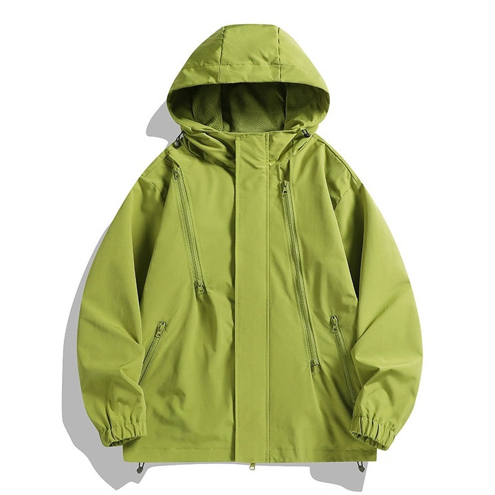 Damen Kurze technische Kapuzenjacke mit asymmetrischen Reißverschlüssen & Kordelzug Drune