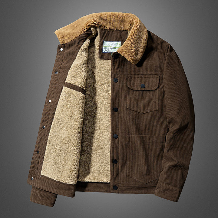 Herren Cord-Truckerjacke mit wärmender Sherpa-Isolierung und aufgesetzten Pattentaschen Drune