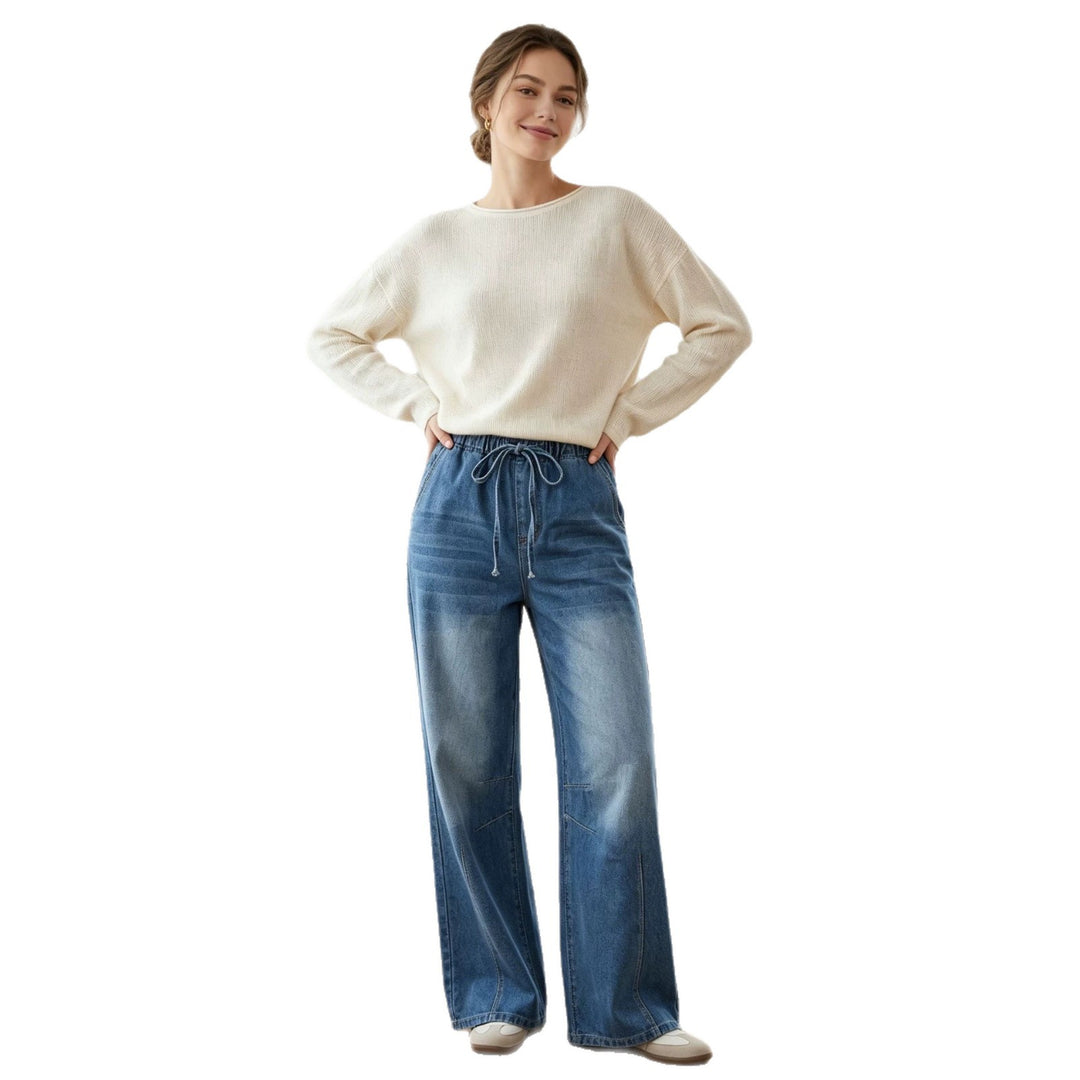 Damen nan Relaxed-Fit Denim-Hose mit elastischem Tunnelzugbund, dezentem Used-Effekt und weitem Bein Drune