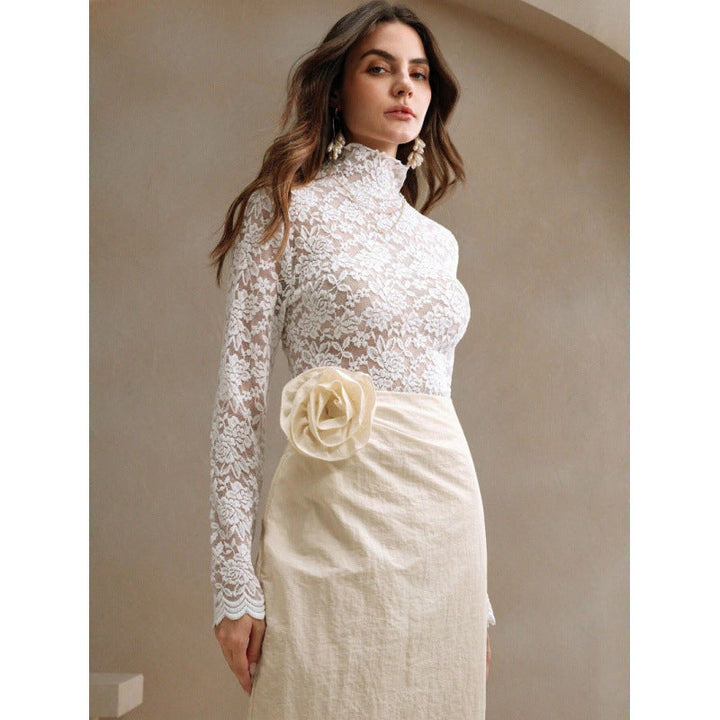 Damen Spitzenoberteil mit hohem Kragen und filigranem Blumendesign Drune