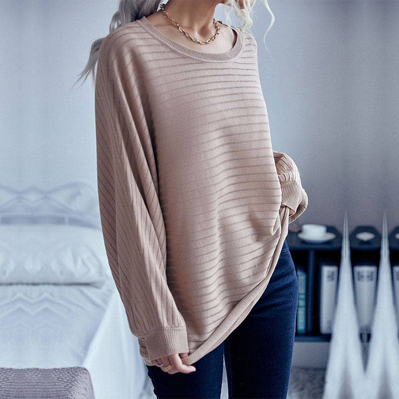 Damen Oversize-Feinstrickpullover mit horizontalem Rippdetail und Rundhalsausschnitt Drune