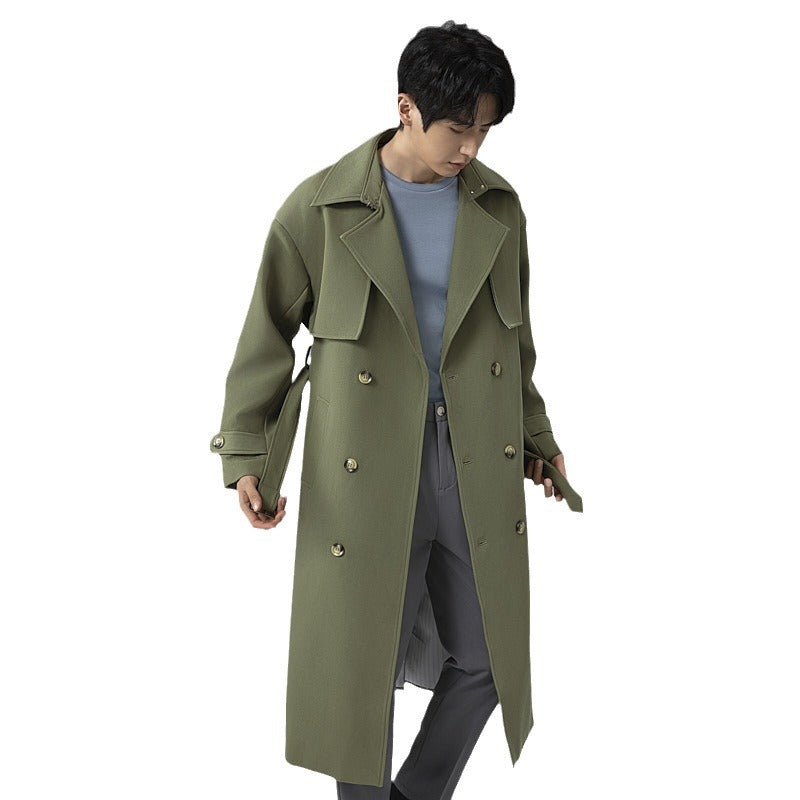 Herren Trenchcoat im minimalistischen Doppelreiher mit breitem Schalkragen und Taillengürtel Drune