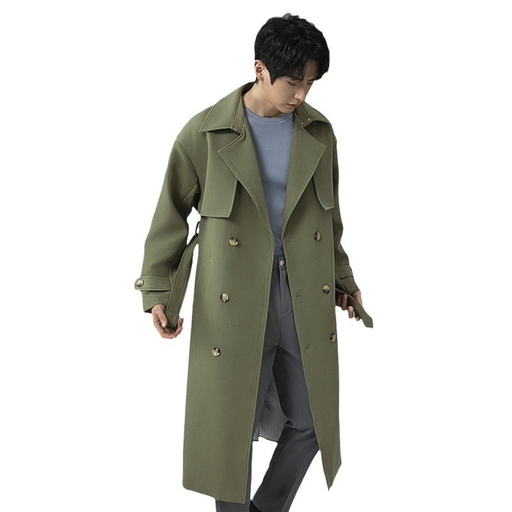 Herren Trenchcoat im minimalistischen Doppelreiher mit breitem Schalkragen und Taillengürtel Drune