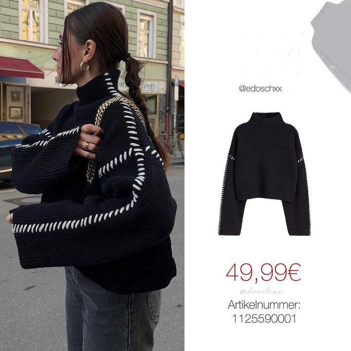 Damen Modischer Strickpullover mit hohen Ärmeln und dekorativem Kontraststich Drune