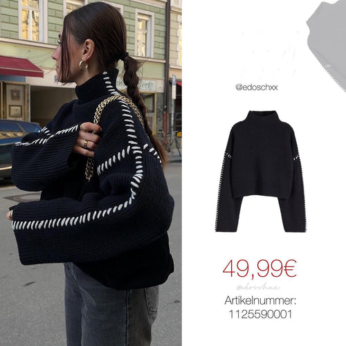 Damen Modischer Strickpullover mit hohen Ärmeln und dekorativem Kontraststich Drune