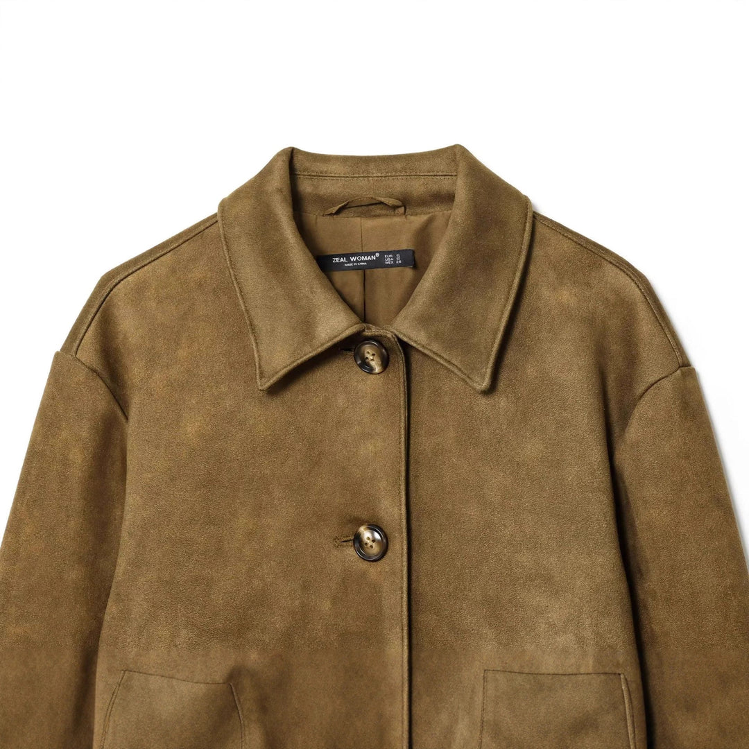 Damen nan kurzgeschnittene Veloursimitat-Übergangsjacke mit Hemdkragen und verdeckter Knopfleiste Drune