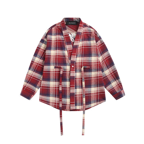 Damen Oversize Karo-Hemdjacke mit Kimono‑Schnitt, Tunnelzugbändern und aufgesetzten Taschen Drune