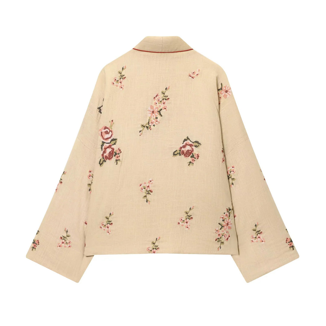 Damen nan bestickte Kimono-Jacke mit floraler Stickerei, Kontrastfutter und Bindegürtel Drune
