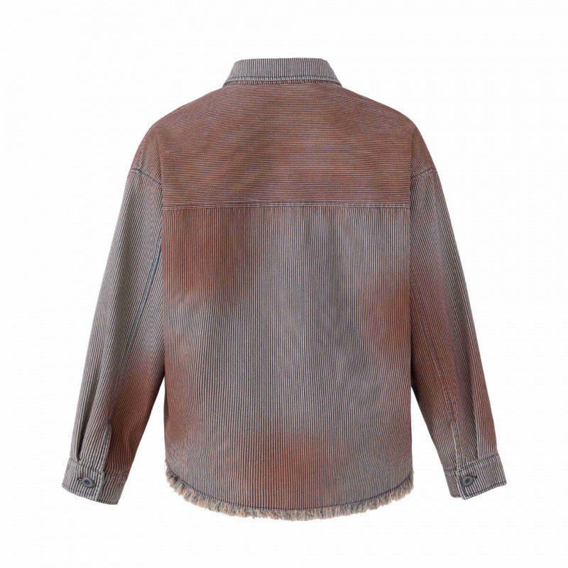 Unisex Kastenförmige Overshirtjacke aus Feincord mit Used‑Effekt, Fransen und Knopfleiste Drune