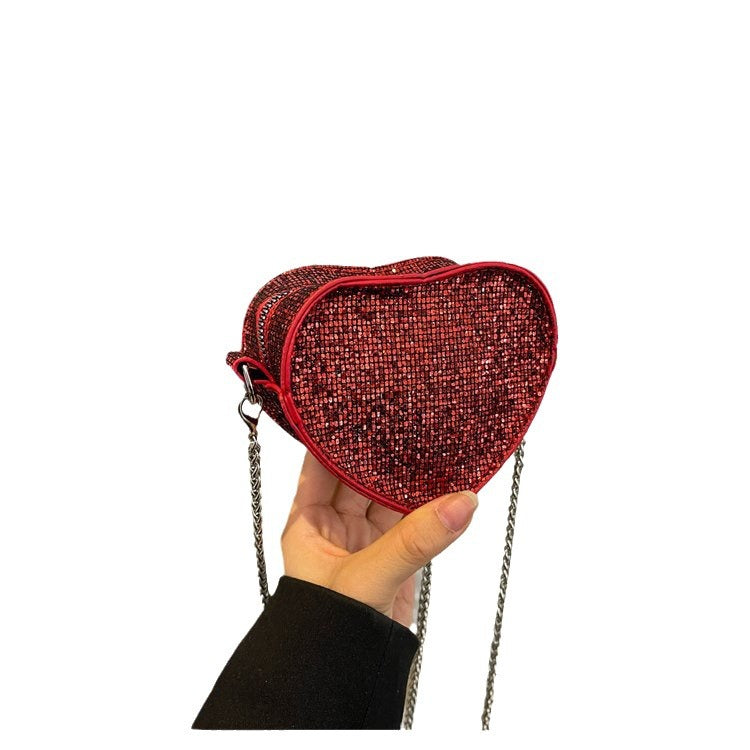 Damen Umhängetasche im eleganten Herzdesign mit funkelnden Strasssteinen und verstellbarem Kettenschulterriemen Drune