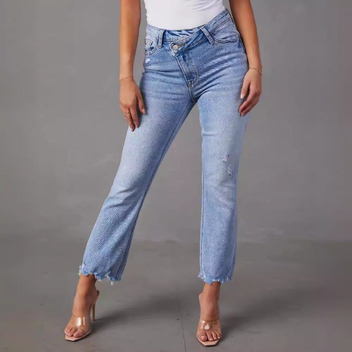 Damen modische Hochwasser Jeans im lässigen Vintage-Stil mit fransigem Saum Drune