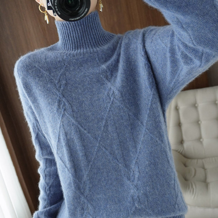 Damen Weicher Mohair‑Look Pullover mit hohem Rippkragen, Zopfmotiv und kastiger Oversize‑Passform Drune