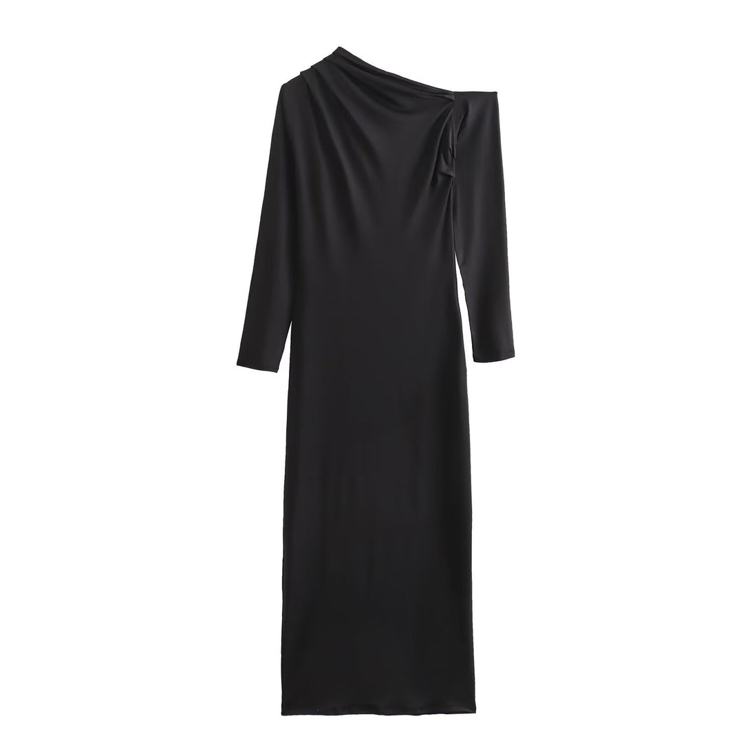 Damen Asymmetrisches One-Shoulder Maxikleid mit langem Ärmel Drune