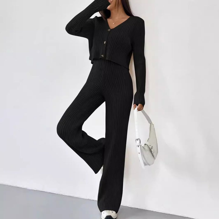 Damen Strick Set mit V-Ausschnitt und weitem Bein Drune