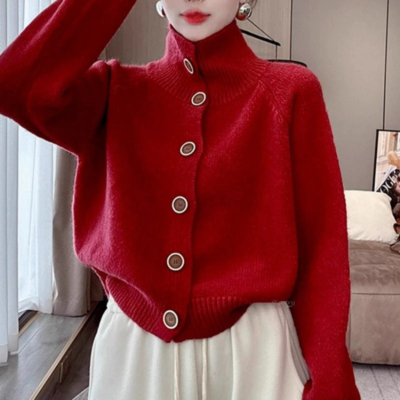 Damen kuscheliger Hochkragen-Cardigan mit Knopfdetails Drune