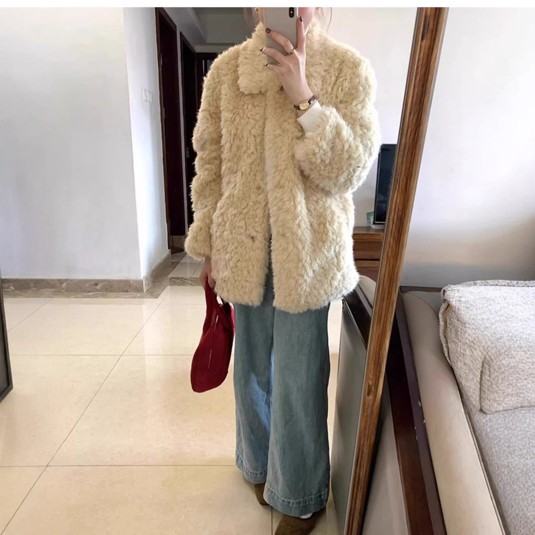 Damen Kurzer Teddy-Kunstfellmantel mit vollem Kragen und kastiger Silhouette Drune