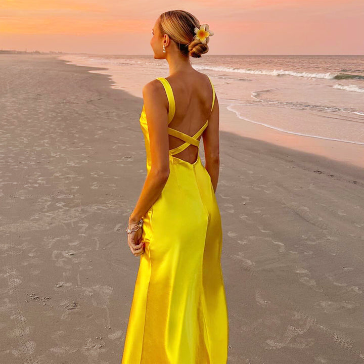 Damen Sommerliches Maxikleid mit elegantem V-Ausschnitt und fließender Silhouette Drune