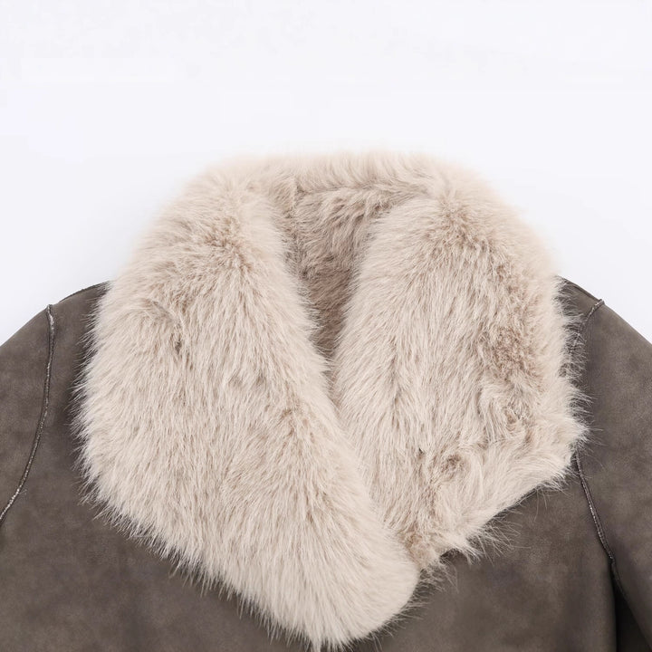 Damen Langer Wendbarer Kunstfell-Mantel mit Oversized-Schalkragen und aufgesetzten Taschen Drune
