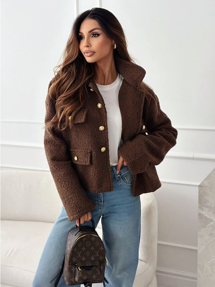 Damen Trendige Bouclé-Jacke mit goldenen Knöpfen und praktischen Taschen Drune