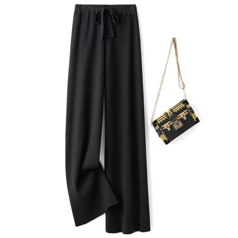 Damen Weite Rippstrick-Hose mit Tunnelzug und fließender Palazzo-Silhouette Drune