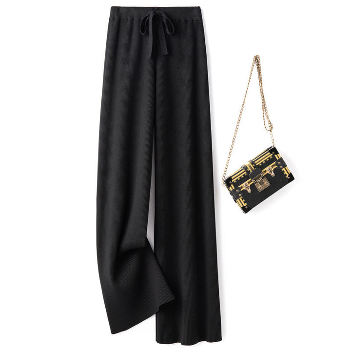 Damen Weite Rippstrick-Hose mit Tunnelzug und fließender Palazzo-Silhouette Drune