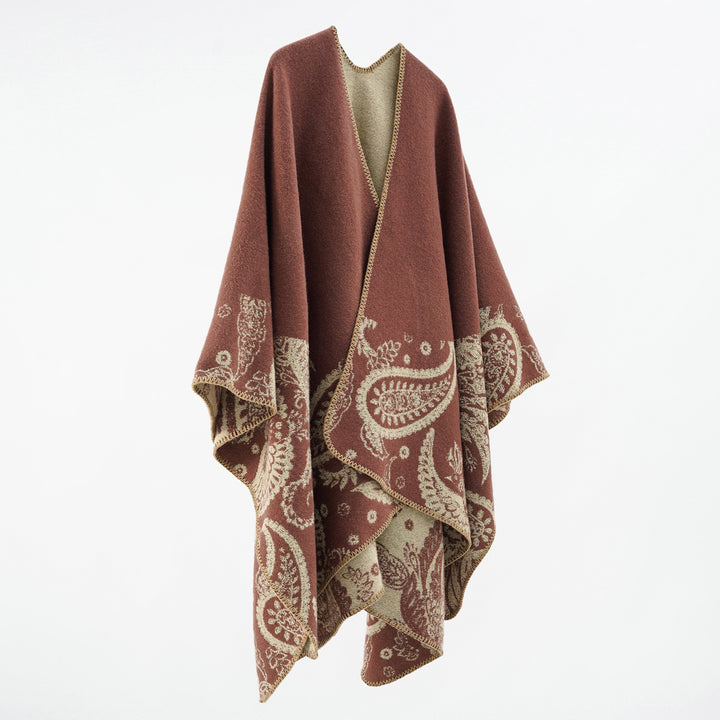 Damen Wollmix-Wendecape mit Paisley-Jacquard und offenem V-Ausschnitt Drune