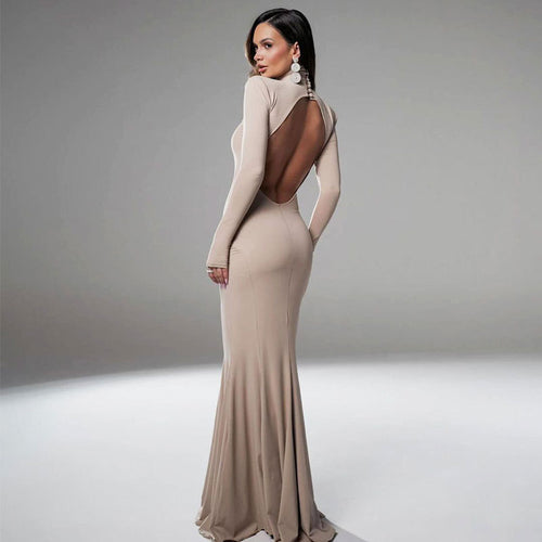 Damen figurbetontes Maxikleid mit hohem Kragen und langen Ärmeln Drune
