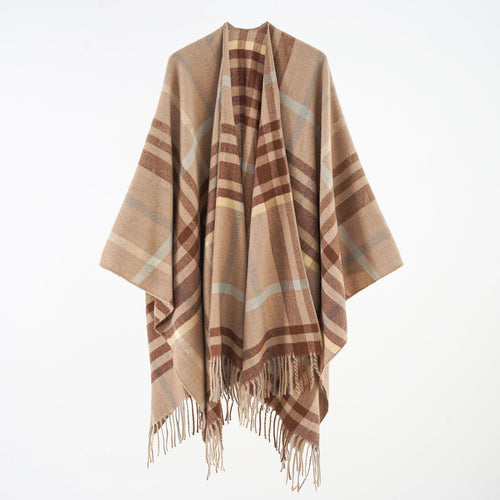 Damen Multifunktionaler Plaid-Poncho mit Kaschmir‑Touch und Fransensaum Drune