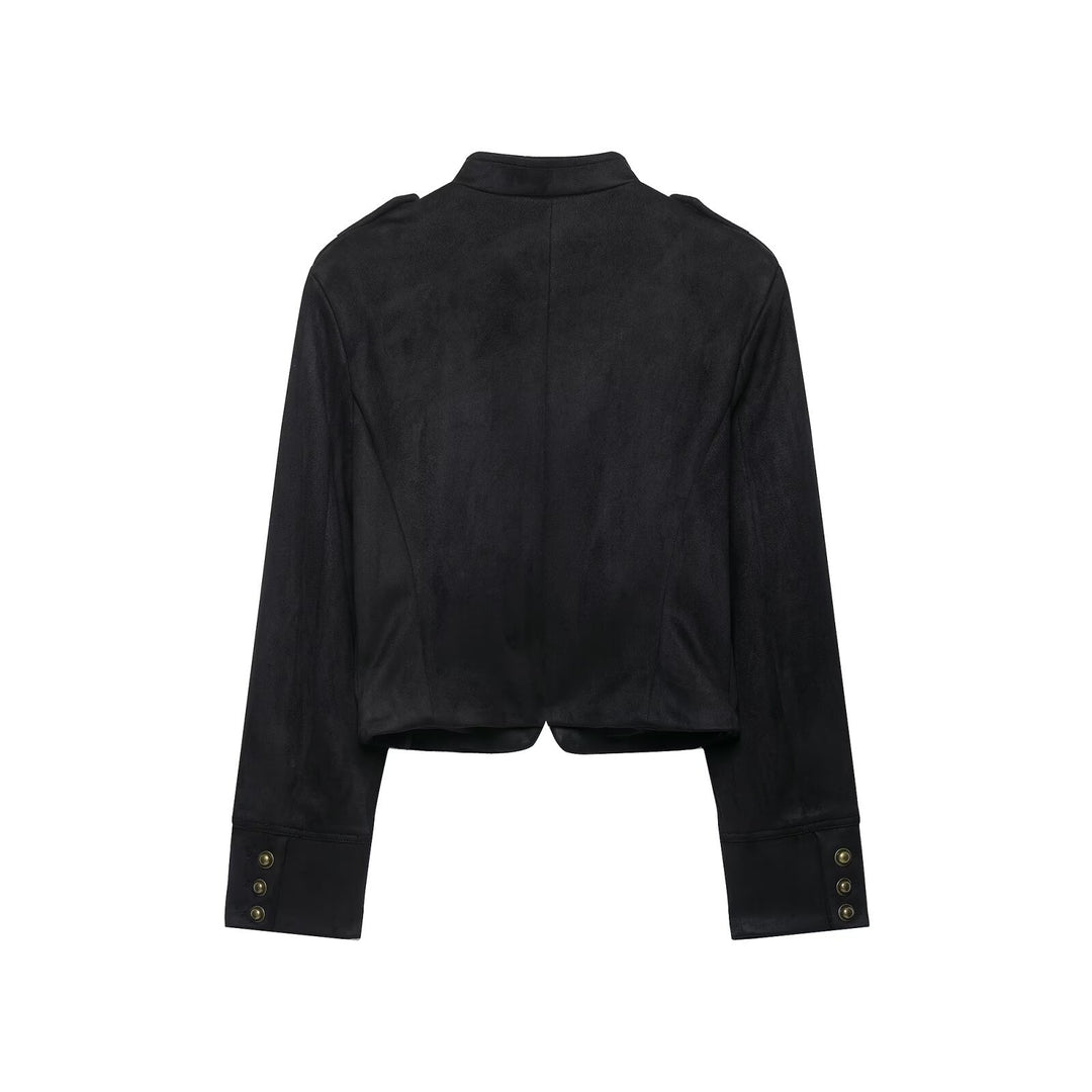 Damen Kurze Veloursjacke im Budapester‑Militärstil mit Stehkragen und dekorativen Metallknöpfen Drune