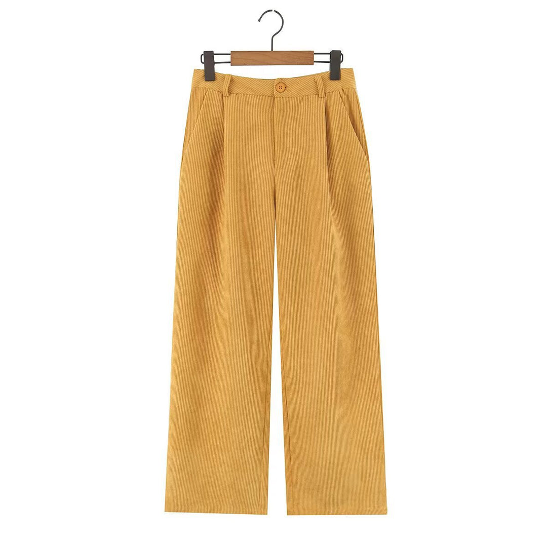 Damen Hochtaillierte Cordhose mit weitem Bein und Bundfalten Drune