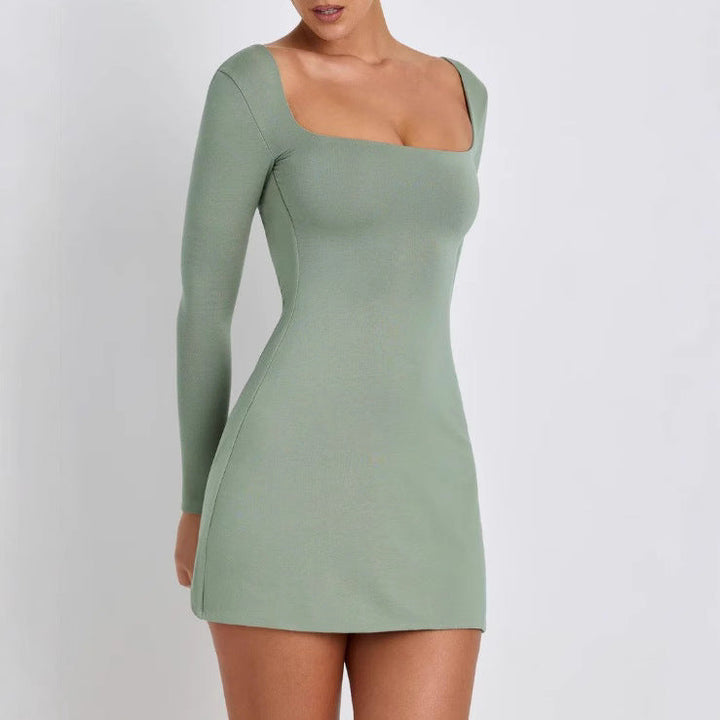 Damen elegantes Minikleid mit weitem U-Ausschnitt und langen Ärmeln Drune