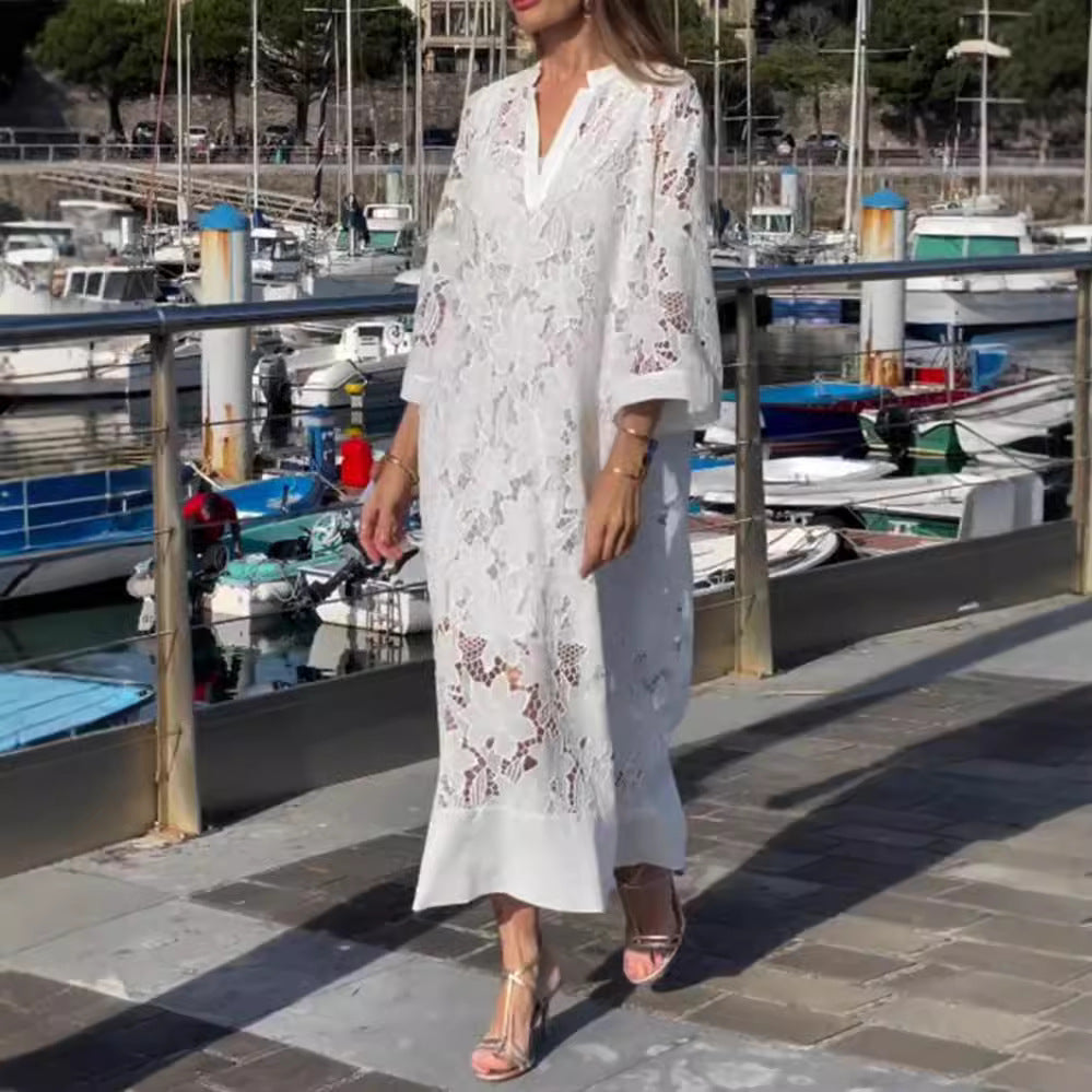 Damen nan luftiges Spitzen-Maxikleid mit floraler Ajourstickerei, lockerem Kimonoärmelschnitt und leichtem Unterkleid Drune