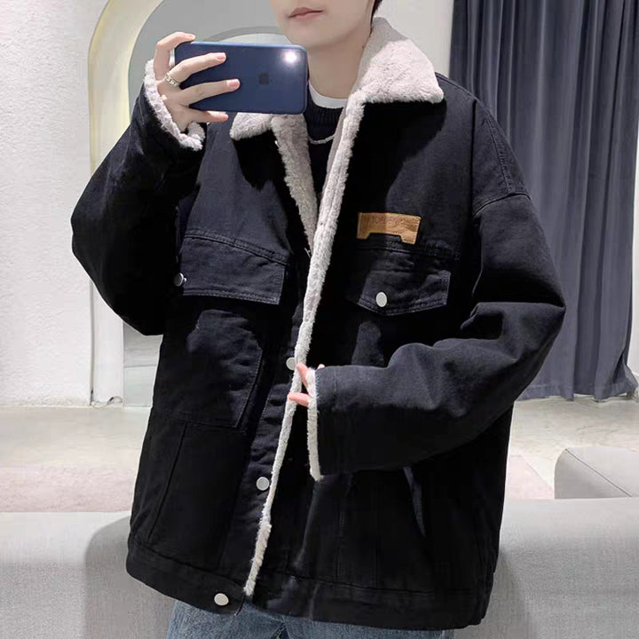 Herren Gefütterte Oversized Denimjacke mit Teddyfutter und Pattentaschen Drune
