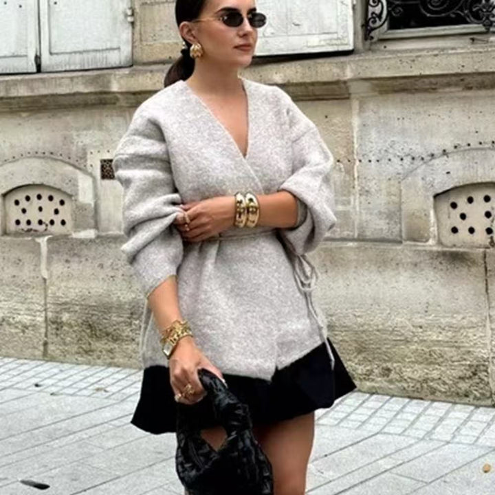 Damen Wickel-Cardigan aus grob gestricktem Wollmix mit V‑Ausschnitt und Ballonärmeln Drune