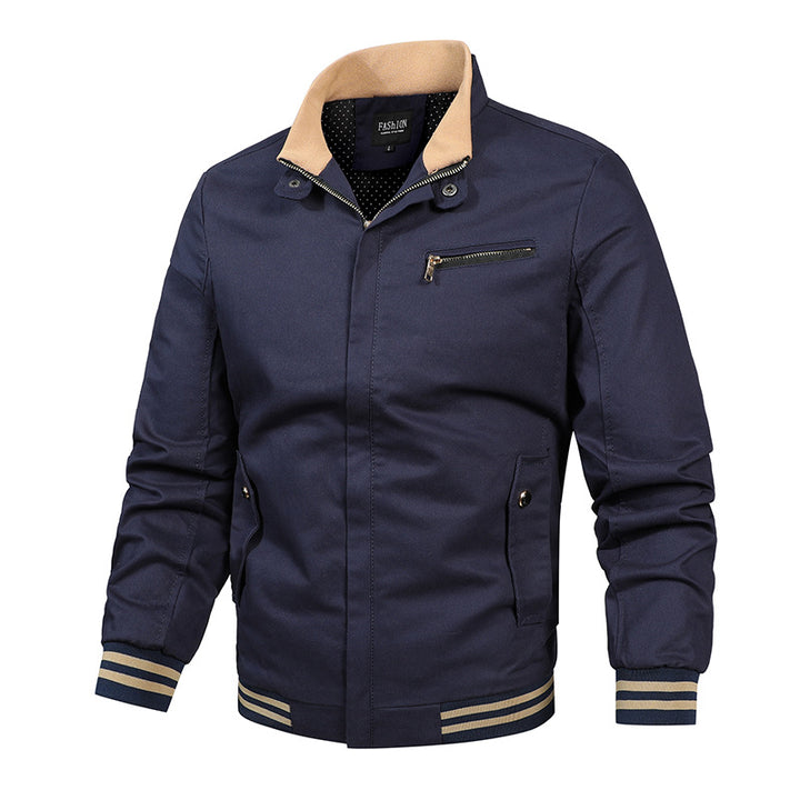 Herren nan moderne Canvas-Bomberjacke im Varsity-Stil mit gestreiften Rippbündchen und verdeckter Frontleiste Drune