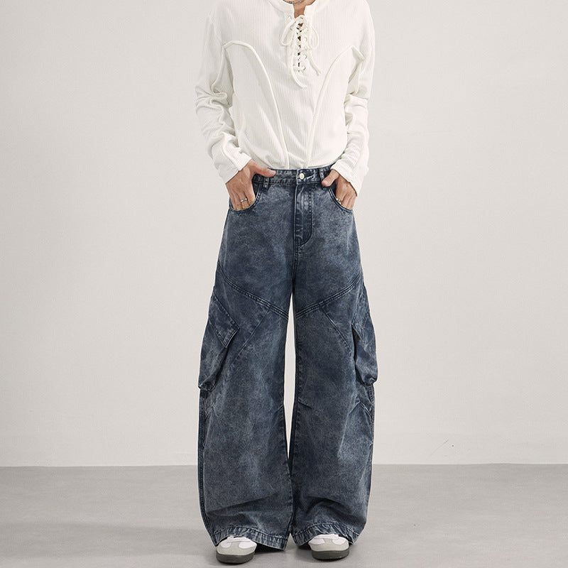 Damen Extraweite Cargo-Denim-Palazzohose mit diagonalem Nahtdesign und großen Klappentaschen Drune