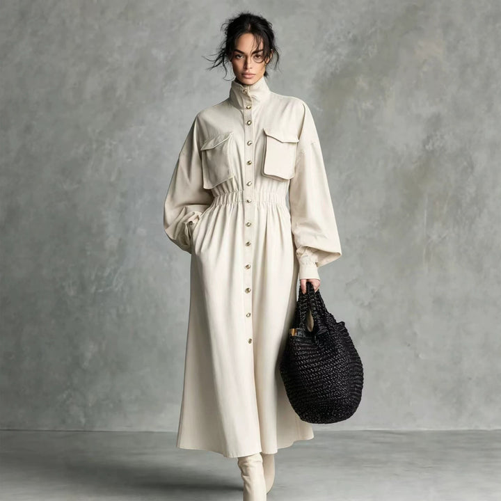 Damen Elegantes Hemdkleid mit Taschen und Taillengürtel Drune