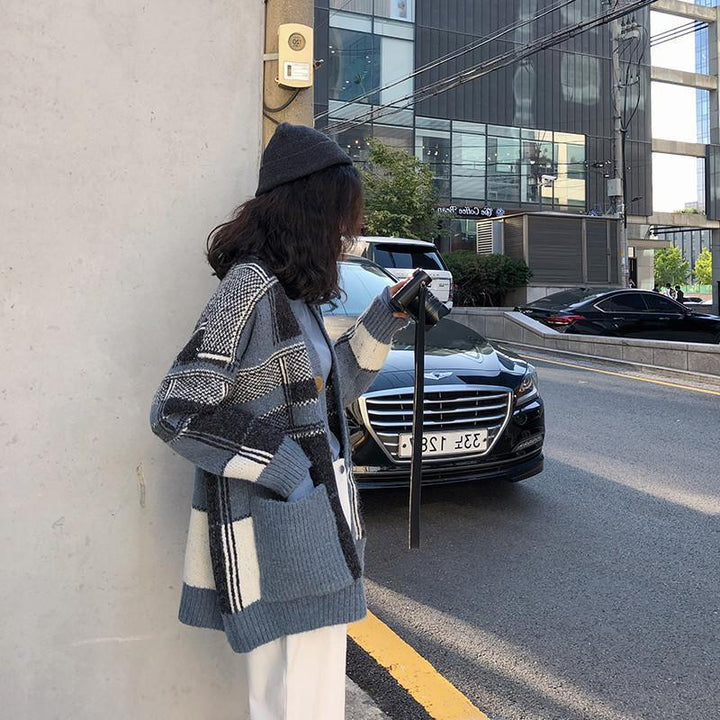 Damen Modischer Oversized Cardigan mit Karomuster Drune