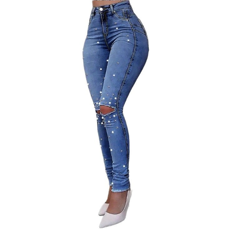 Damen Perlenverzierte High‑Waist Skinny‑Jeans mit Sculpting‑Passform Drune