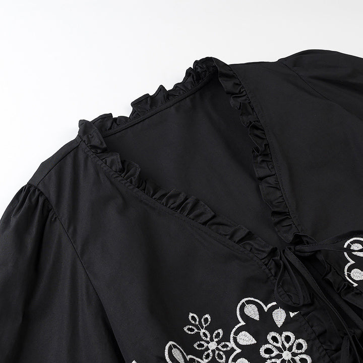 Damen Besticktes Kurzbolero mit Rüschen-V-Ausschnitt und Schnürverschluss Drune