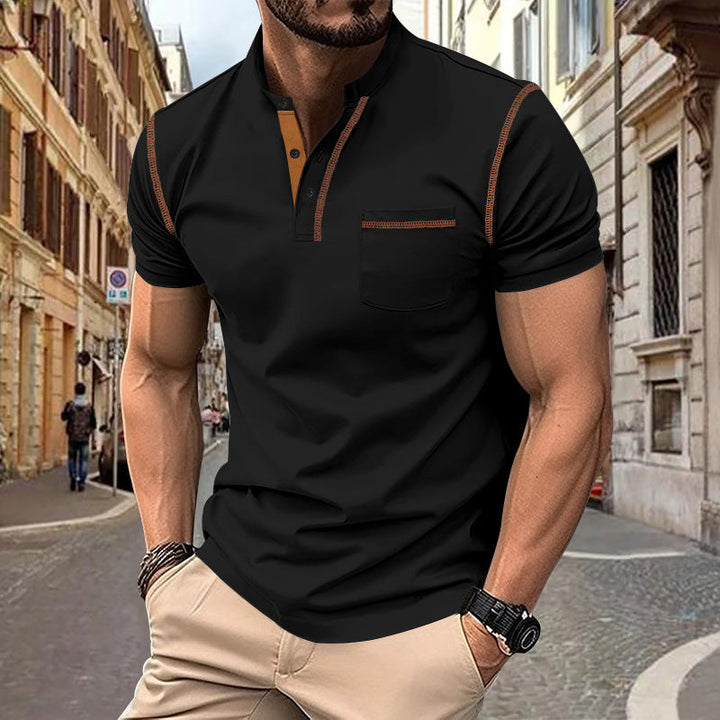 Herren nan Kurzarm-Polo im Henleystil mit Stehkragen, Brusttasche und Kontrastnaht Drune