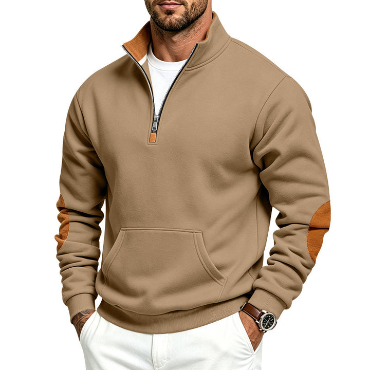 Herren Troyer-Pullover mit halbem Reißverschluss, Kängurutasche und Ellbogen-Patches Drune