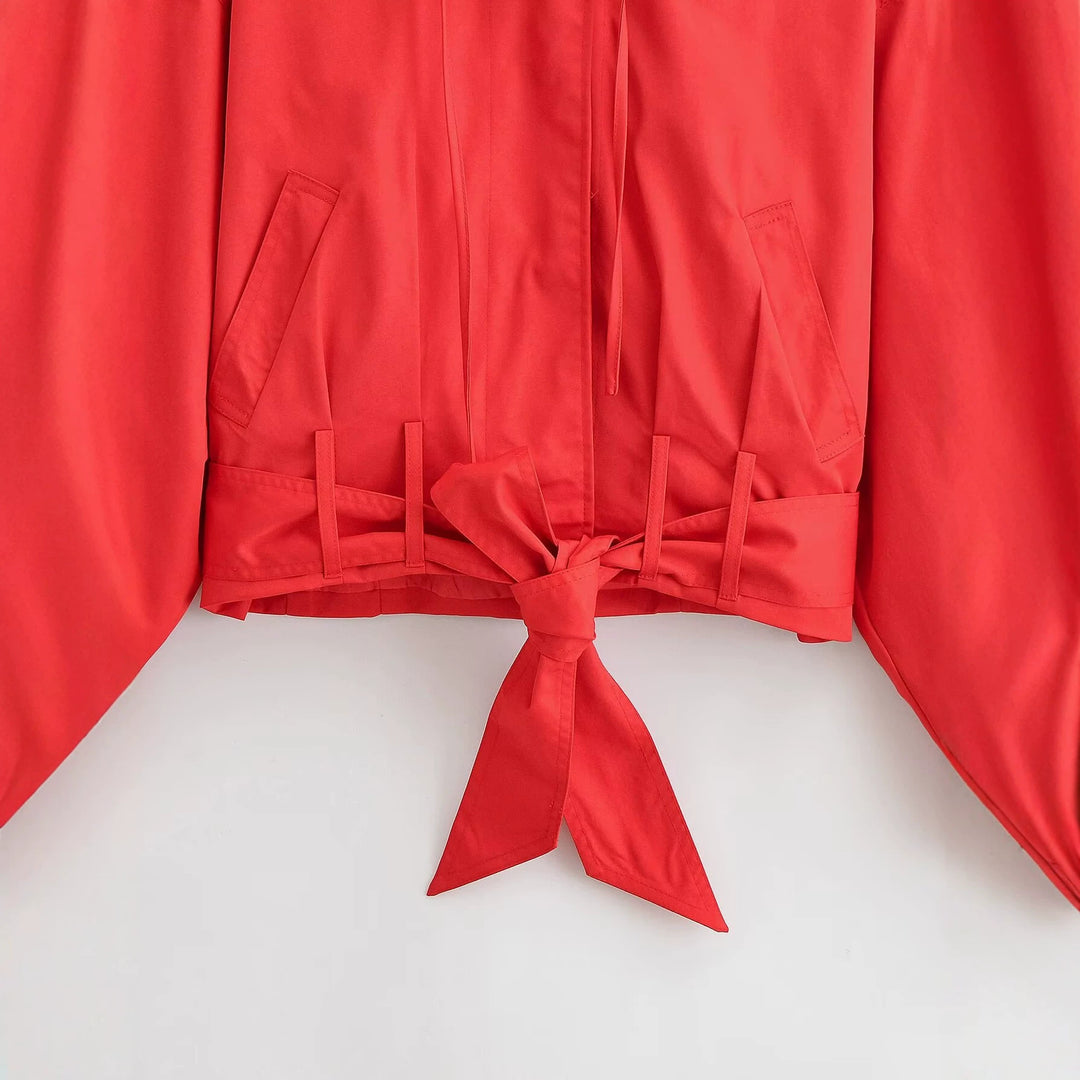 Damen Kurzjacke im Blousonstil mit Bindegürtel und breitem Kragen Drune