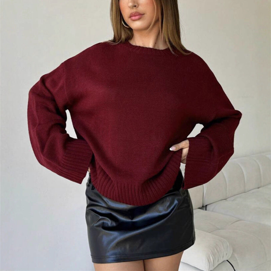 Damen Oversize-Feinstrickpullover mit kurzem Rumpf und geripptem Stehkragen Drune