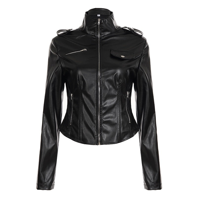 Damen Taillierte Kunstlederjacke mit Stehkragen, Schulterklappen und Reißverschlusstaschen Drune